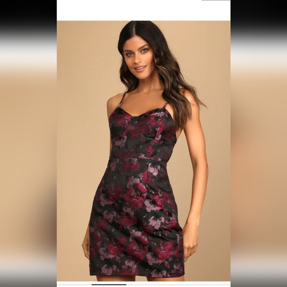 Lulu's Got the Glow Black Floral Jacquard Bustier Mini Dress Size Medium Wedding - Picture 3 of 11